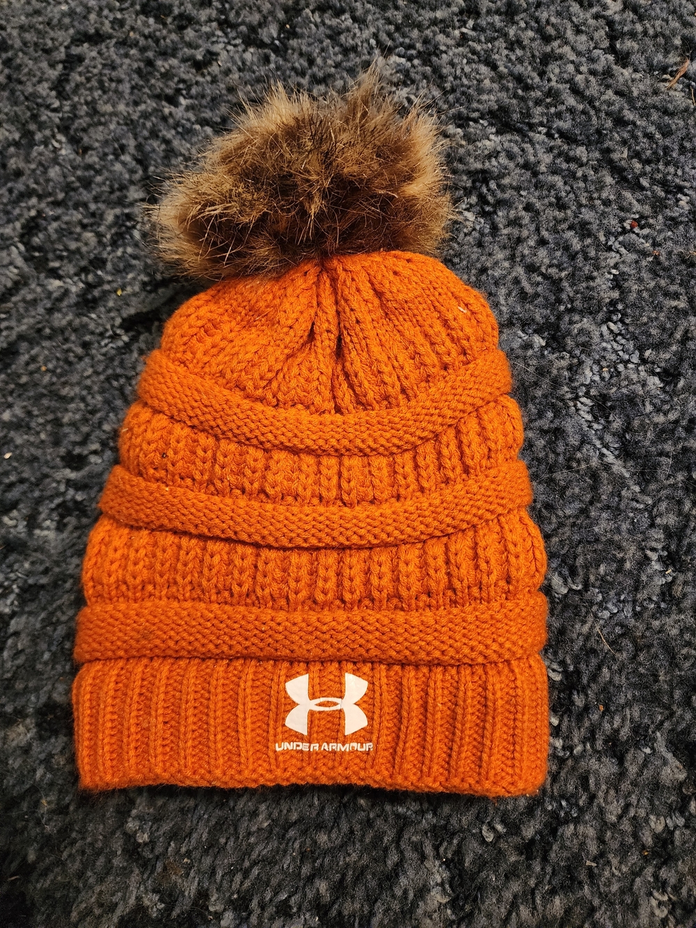 Under Armour Orange Knit Beanie with Faux-Fur Pom